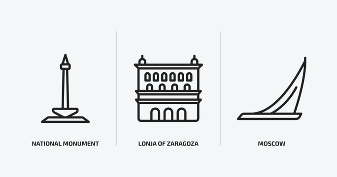 monuments outline icons set. monuments icons such as national monument monas, lonja of zaragoza, moscow vector. can be used web and mobile.
