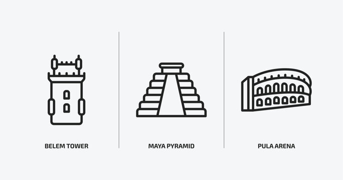 monuments outline icons set. monuments icons such as belem tower, maya pyramid, pula arena vector. can be used web and mobile.