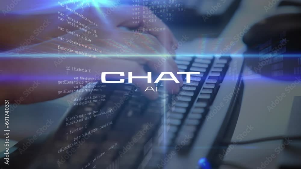 Poster animation of artificial intelligence text and data processing over caucasian man using computer