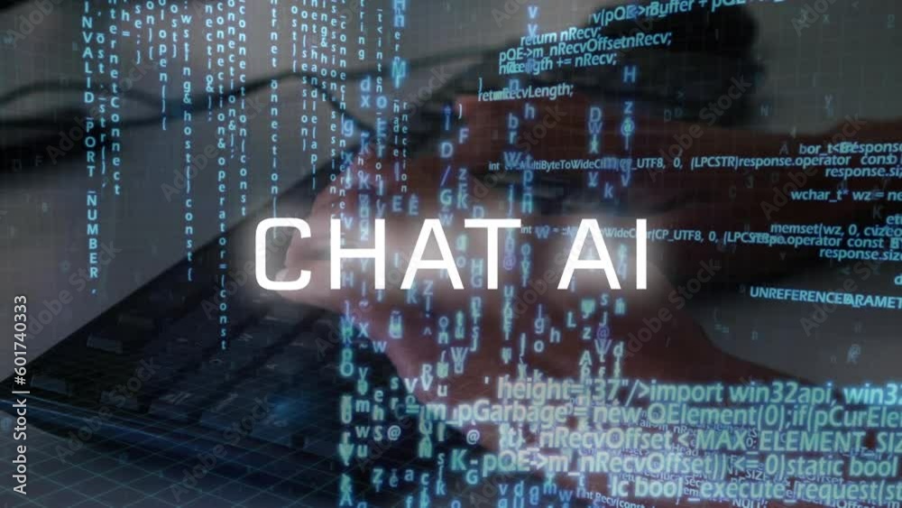 Poster animation of artificial intelligence text and data processing over biracial woman using computer