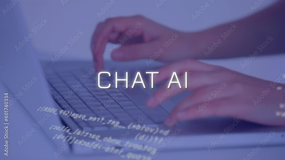 Poster animation of artificial intelligence text and data processing over caucasian man using computer