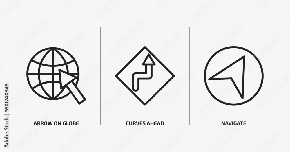Poster maps and flags outline icons set. maps and flags icons such as arrow on globe, curves ahead, navigat