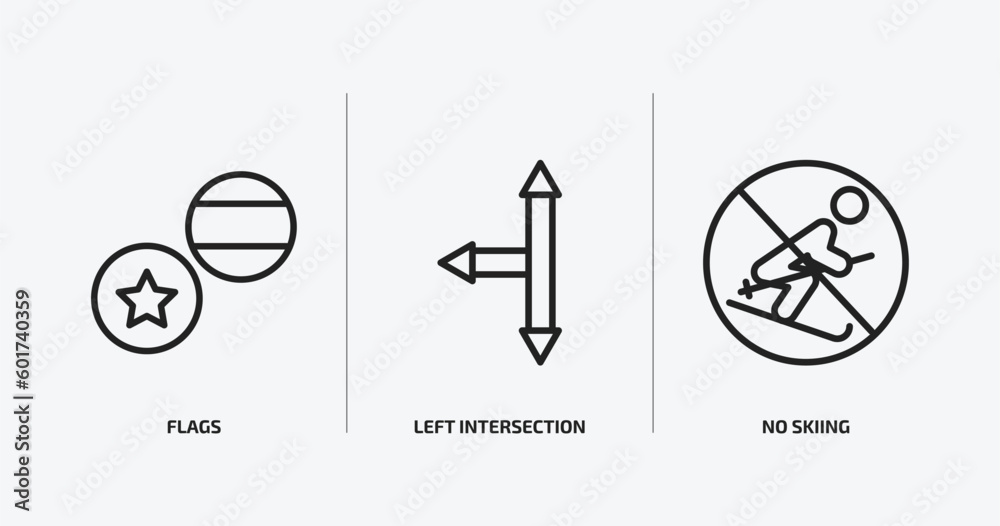 Poster maps and flags outline icons set. maps and flags icons such as flags, left intersection, no skiing v