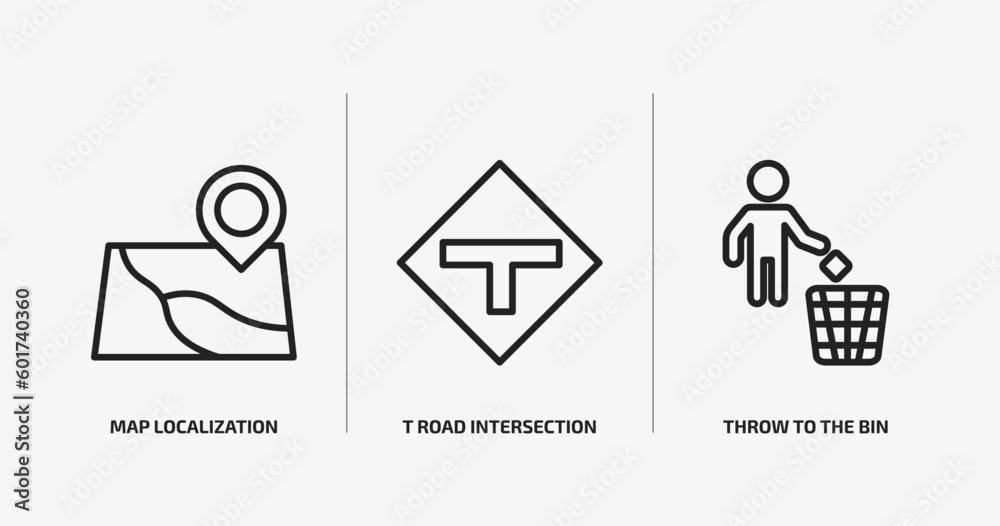 Poster maps and flags outline icons set. maps and flags icons such as map localization, t road intersection