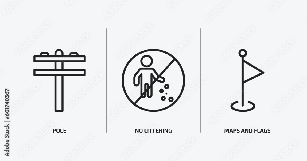 Poster maps and flags outline icons set. maps and flags icons such as pole, no littering, maps and flags ve