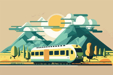A train in front of mountains with a mountain in the background  vector illustration