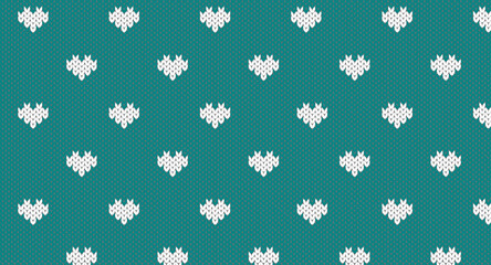 White hearts on green background knitting pattern, Festive Sweater Design. Seamless Knitted Pattern