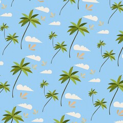 Fototapeta na wymiar Illustration motif palmiers, nuages sur fond bleu ciel