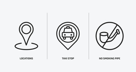 maps and flags outline icons set. maps and flags icons such as locations, taxi stop, no smoking pipe vector. can be used web and mobile.