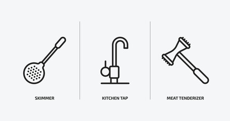 kitchen outline icons set. kitchen icons such as skimmer, kitchen tap, meat tenderizer vector. can be used web and mobile.
