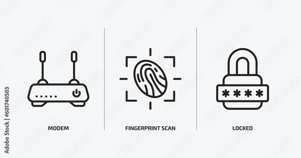 Poster internet security outline icons set. internet security icons such as modem, fingerprint scan, locked