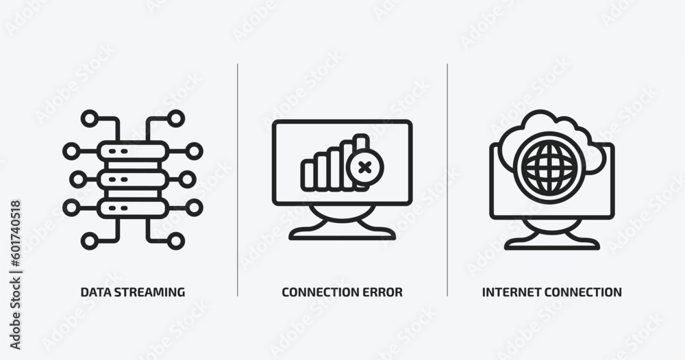 Poster internet security outline icons set. internet security icons such as data streaming, connection erro