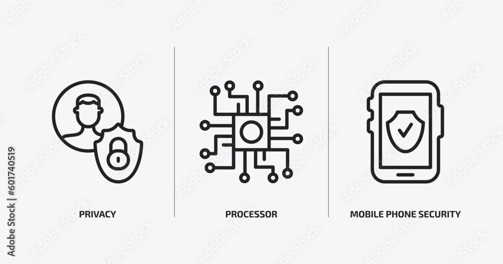 Poster internet security outline icons set. internet security icons such as privacy, processor, mobile phon
