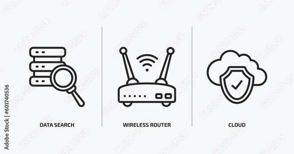 Poster internet security outline icons set. internet security icons such as data search, wireless router, c