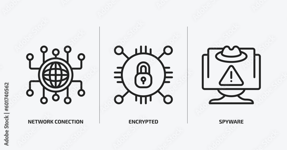 Poster internet security outline icons set. internet security icons such as network conection, encrypted, s