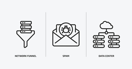 internet security outline icons set. internet security icons such as network funnel, spam, data center vector. can be used web and mobile.