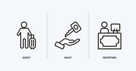 Fototapeta premium hotel and restaurant outline icons set. hotel and restaurant icons such as guest, valet, reception vector. can be used web and mobile.