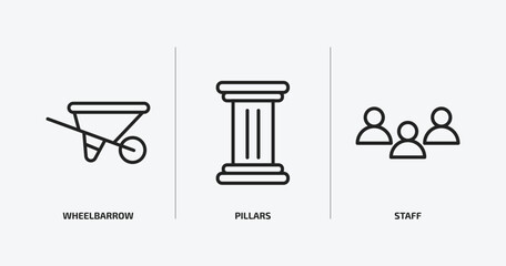 history outline icons set. history icons such as wheelbarrow, pillars, staff vector. can be used web and mobile.