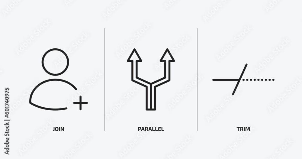 Poster geometry outline icons set. geometry icons such as join, parallel, trim vector. can be used web and 