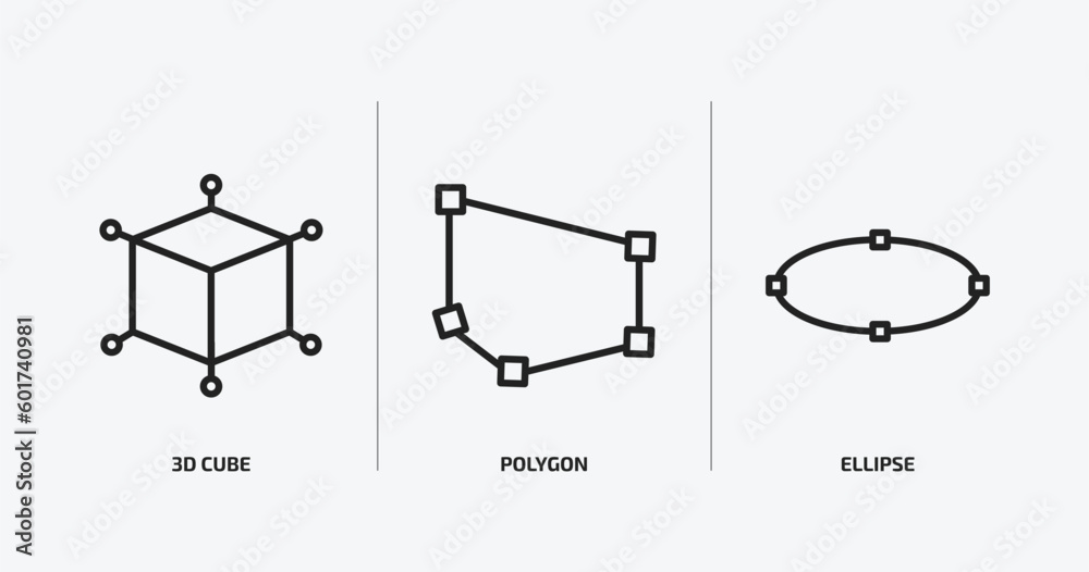 Poster geometry outline icons set. geometry icons such as 3d cube, polygon, ellipse vector. can be used web