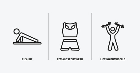 gym and fitness outline icons set. gym and fitness icons such as push up, female sportwear, lifting dumbbells vector. can be used web and mobile.