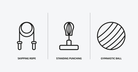 gym and fitness outline icons set. gym and fitness icons such as skipping rope, standing punching ball, gymnastic ball vector. can be used web and mobile.