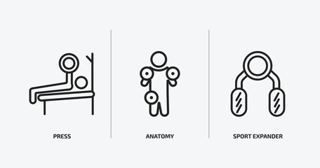 gym and fitness outline icons set. gym and fitness icons such as press, anatomy, sport expander vector. can be used web and mobile.