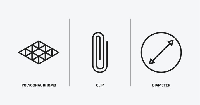 geometry outline icons set. geometry icons such as polygonal rhomb, clip, diameter vector. can be used web and mobile.