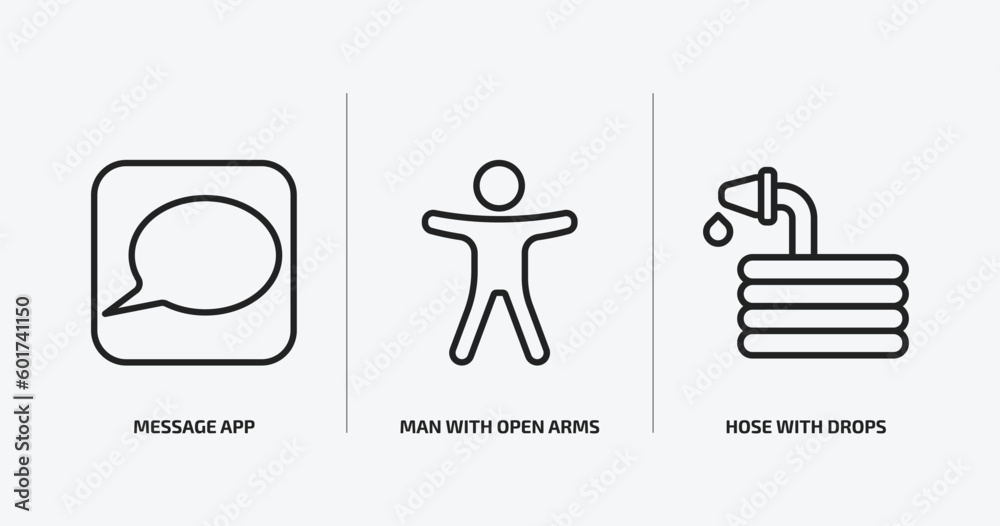 Poster general outline icons set. general icons such as message app, man with open arms, hose with drops ve