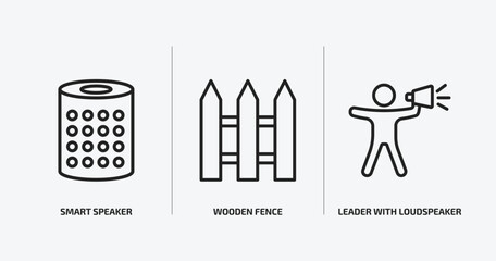 general outline icons set. general icons such as smart speaker, wooden fence, leader with loudspeaker vector. can be used web and mobile.