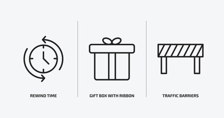 general outline icons set. general icons such as rewind time, gift box with ribbon, traffic barriers vector. can be used web and mobile.