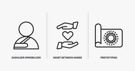 general outline icons set. general icons such as shoulder immobilizer, heart between hands, prototyping vector. can be used web and mobile.