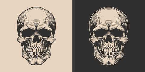 Set of vintage retro scary hipster skull. Can be used like emblem, logo, badge, label. mark, poster or print. Monochrome Graphic Art. Vector. Hand drawn element in engraving