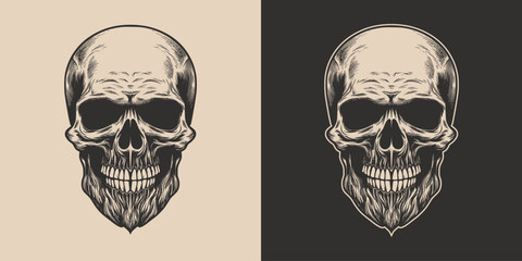 Set of vintage retro scary hipster skull. Can be used like emblem, logo, badge, label. mark, poster or print. Monochrome Graphic Art. Vector. Hand drawn element in engraving
