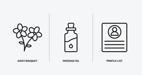 general outline icons set. general icons such as daisy bouquet, massage oil, profile list vector. can be used web and mobile.