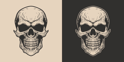 Set of vintage retro scary hipster skull. Can be used like emblem, logo, badge, label. mark, poster or print. Monochrome Graphic Art. Vector. Hand drawn element in engraving