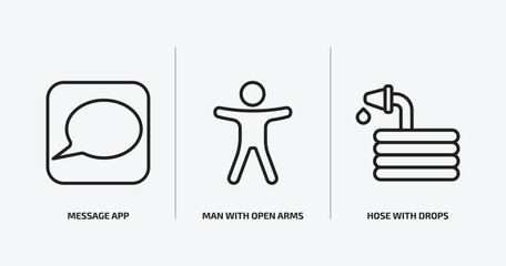 general outline icons set. general icons such as message app, man with open arms, hose with drops vector. can be used web and mobile.