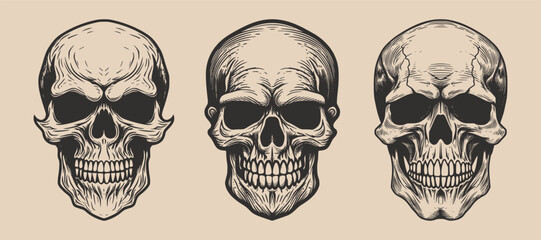 Set of vintage retro scary hipster skull. Can be used like emblem, logo, badge, label. mark, poster or print. Monochrome Graphic Art. Vector. Hand drawn element in engraving