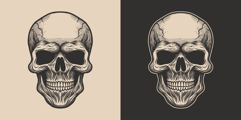 Set of vintage retro scary hipster skull. Can be used like emblem, logo, badge, label. mark, poster or print. Monochrome Graphic Art. Vector. Hand drawn element in engraving
