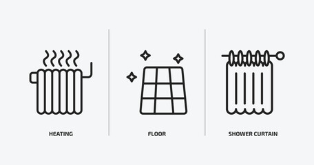 furniture & household outline icons set. furniture & household icons such as heating, floor, shower curtain vector. can be used web and mobile.