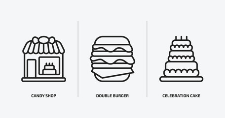 food outline icons set. food icons such as candy shop, double burger, celebration cake vector. can be used web and mobile.