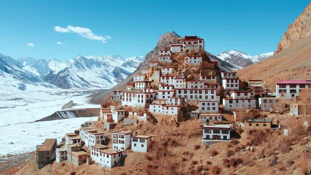 Aerial view of Key Monastery with snowy mountains in background during winter season at Kaza, Spiti Valley India. Buddhist monastery in mountains. Monastery in mountains aerial view. 4K. 