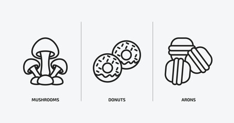 food outline icons set. food icons such as mushrooms, donuts, arons vector. can be used web and mobile.