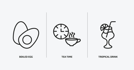 food outline icons set. food icons such as boiled egg, tea time, tropical drink vector. can be used web and mobile.