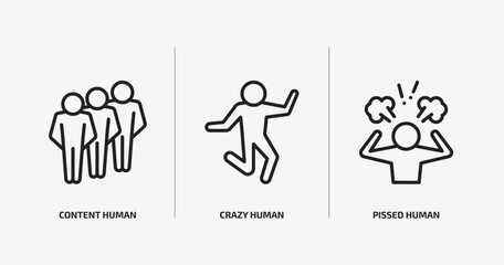 feelings outline icons set. feelings icons such as content human, crazy human, pissed human vector. can be used web and mobile.