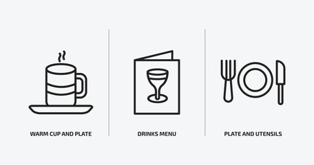 food outline icons set. food icons such as warm cup and plate, drinks menu, plate and utensils vector. can be used web and mobile.