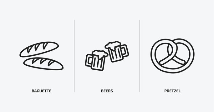 food outline icons set. food icons such as baguette, beers, pretzel vector. can be used web and mobile.