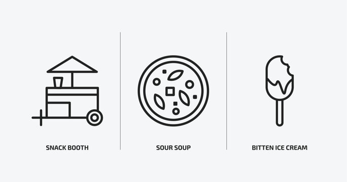 food outline icons set. food icons such as snack booth, sour soup, bitten ice cream vector. can be used web and mobile.