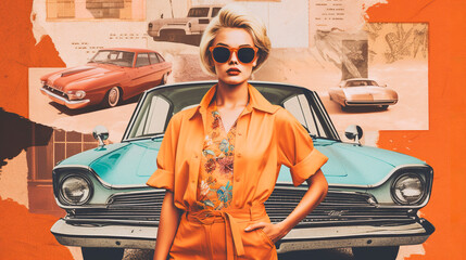 70s retro style fashion collage, woman wearing clothing with sunglasses. travel collage with retro cars. old look and film grain, Generative AI