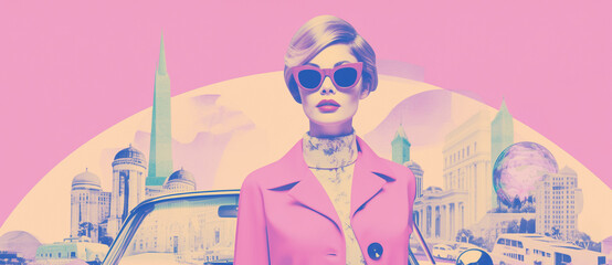 60s retro style fashion collage, woman wearing clothing with sunglasses. Soft Pink travel collage with retro city look and film grain, Generative AI